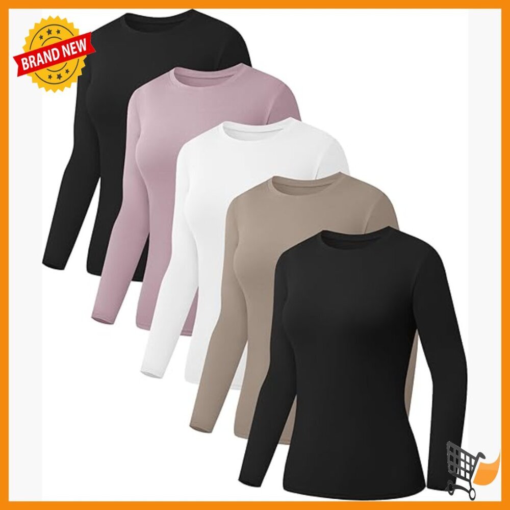 5 Pack Slim Fit Long Sleeve Crew Neck T-Shirts Baselayer Undershirts